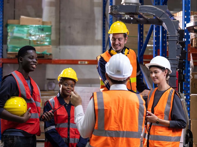 Een groep mensen die veiligheidsvesten en helmen droegen